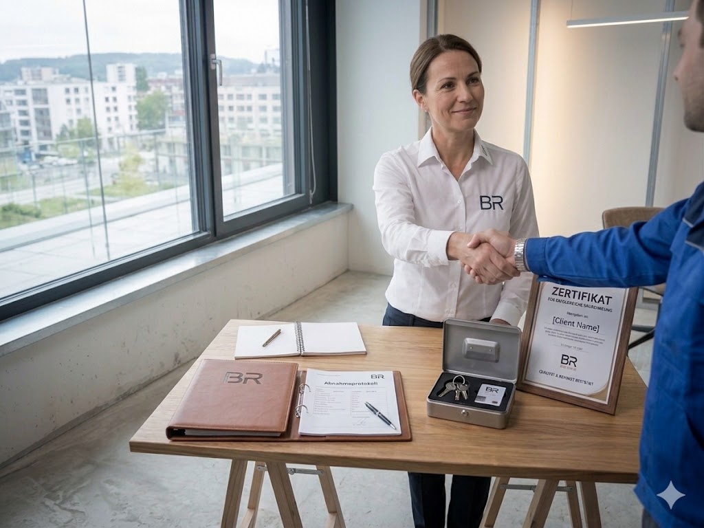 Abnahme und Übergabe: Handschlag mit Abnahmeprotokoll und Schlüsselübergabe