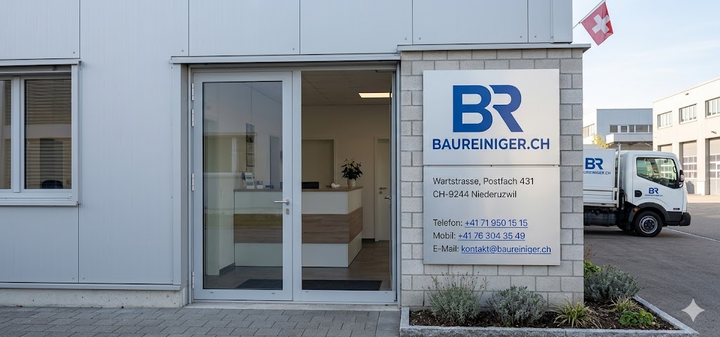 Standort baureiniger.ch — Eingang und Firmenschild in Niederuzwil